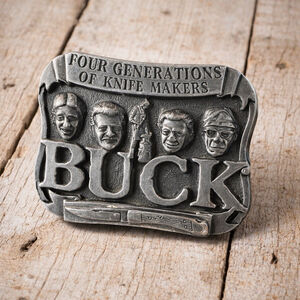 Vintage 1980s Buck Knives Belt Buckle Four Generations Knife Makers USA